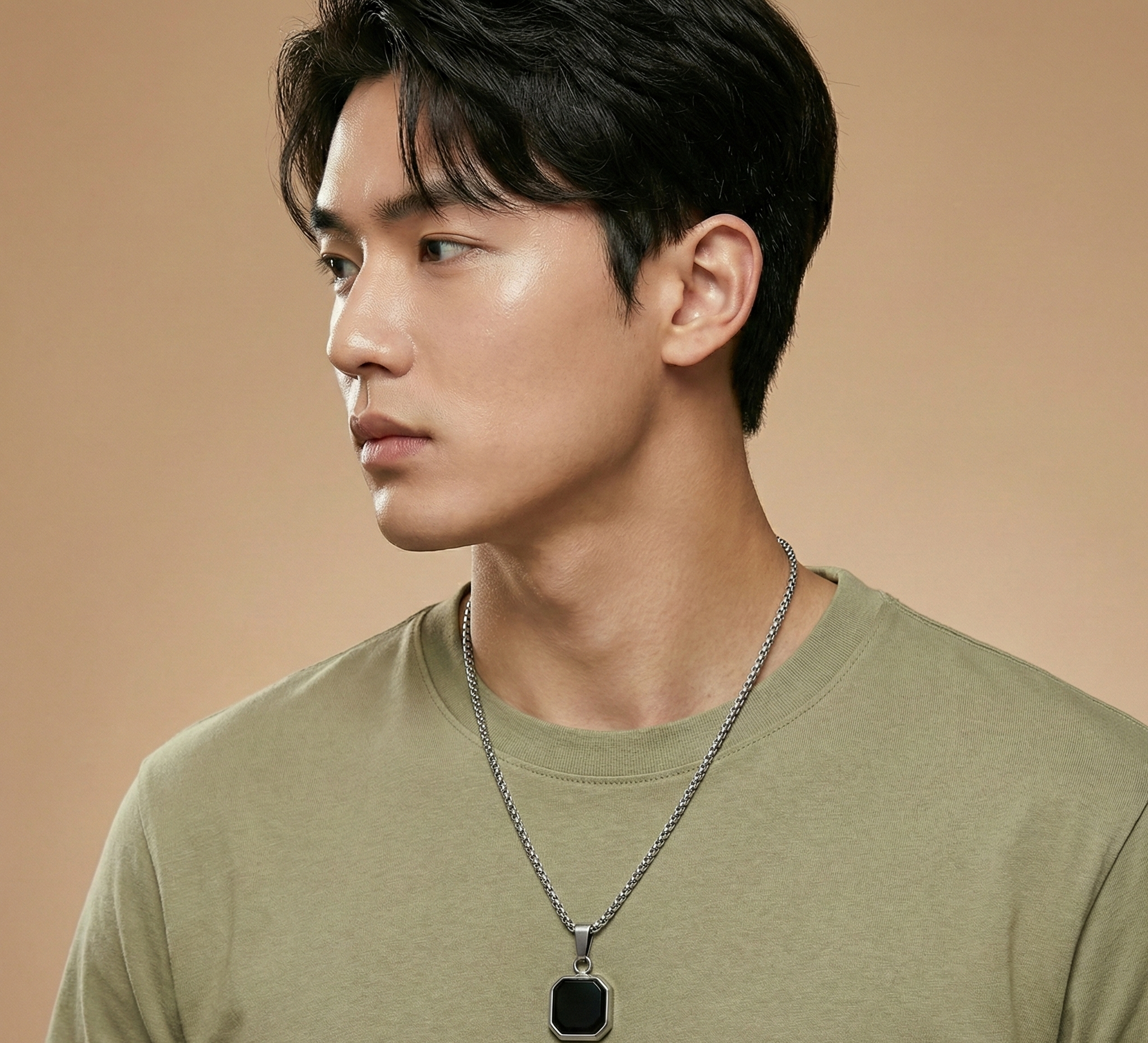 Stainless Steel Chain for Men with Black Square Pendant